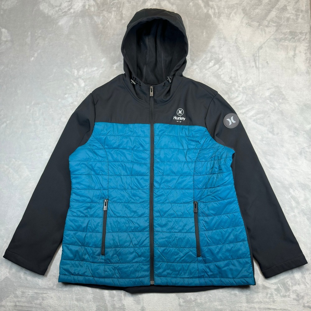 Hurley Jacket Mens XXL Black Blue Hybrid Puffer Softshell Hooded Full Zip Fleece